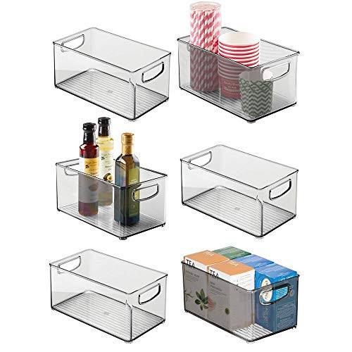 mDesign Plastic Stackable Kitchen Pantry Cabinet, Refrigerator or Freezer Food Storage Bin Container with Handles - Organizer for Fruit, Yogurt, Snacks, Pasta - BPA Free, 10" Long, 6 Pack - Smoke Gray