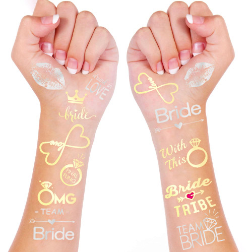 , Metallic Bride Tribe Tattoos - 34 Pieces | Gold Bride Tattoos Bachelorette Party Decorations | Bachelorette Party Supplies | Silver, Gold Bachelorette Tattoos for Bridal Shower Decorations