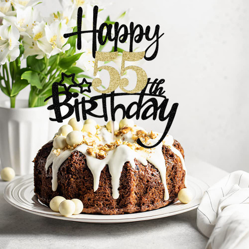 Black Gold Glitter Happy 55th Birthday Cake Topper - Hello 55/Cheers Happy 55th Birthday, 55th Wedding Anniversary?55 Years Love and Blessings Promise Update Party(55Th)