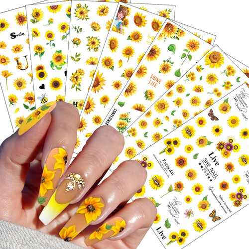7 Sheets Sunflower Nail Stickers Decals Flower Nail Decals 3D Self Adhesive Spring Nail Art Stickers Floral Designs Nail Art Supplies for Women Nail Manicure Decorations