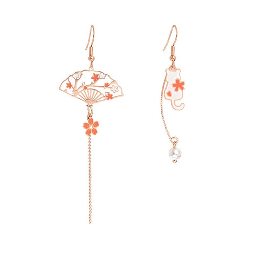 Asymmetric Fan Earrings for Women Girls Creative Chinese Cultural Landscape Earrings Oriental Earrings Japanese Earrings Sector Drop Earrings Cloud Earrings Aesthetic Hanging Dangle Jewelry Stud Earrings (Cat Fan)