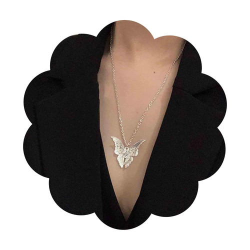 Boho Cz Butterfly Pendant Necklace Silver Butterfly Choker Necklace Vintage Filigree Butterfly Necklace Large Butterfly Collar Necklace Jewelry for Women and Girls