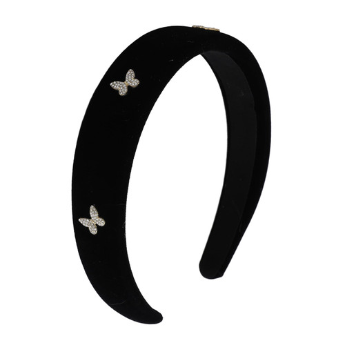 Black Padded Headbands for Women, Solid Wide Rhinestone Butterfly Headband for Girls Plain Soft Velvet Hair Band No Teeth Thick Head Bands Hoops Fashion Hair Accessories for Women Girls