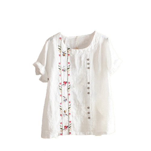Women's Plus Size Cotton Linen Blouse Short Sleeve Embroidered Floral Print Shirts Casual Round Neck Button Tops Tunic