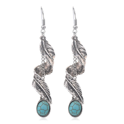 Turquoise Feather Earrings For Men Women Dangle Drop Cute Aesthetic Boho Goth Vintage Feather Leaf Earrings Indian Native Feather Turquoise Earrings Dangling Jewelry Gifts (Silver)