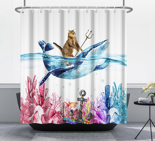72x72 Inches Funny Cat Shower Curtain Cat Riding Whale Ocean in Wave Seabed Animal Nautical Kids Shower Curtains for Bathroom Decor Set Polyester Fabric Waterproof with Hooks