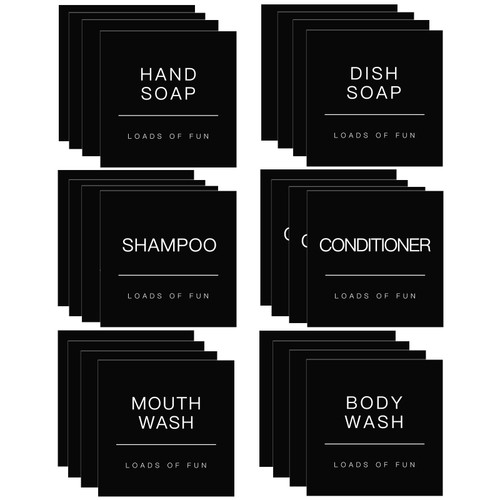 24PCS Waterproof Soap Dispenser Labels for Glass/Plastic Bottles, Black Soap Dispenser Labels, Bathroom Labels for Hand Soap,Shampoo,Conditioner,Mouthwash and Lotion (2.6"x2.6")