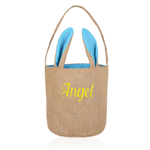 Personalized Easter Baskets for Kids, Custom Easter Bunny Basket,Jute Easter Egg Hunt Bags,Cute Rabbit Buckets for Easter Eggs, Easter Gifts for Boys Girls-Blue