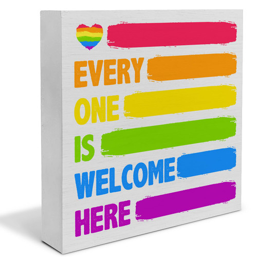 Welcome Classroom Wooden Box Sign Desk Decor Rustic Every One is Welcome Here Rainbow Wood Block Sign Home Office Classroom Tabletop Shelf Desk Decoration, 5 X 5 Inches