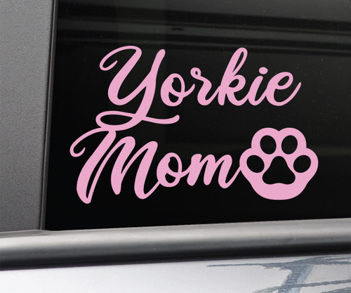 Yorkie Mom Vinyl Decal Laptop Car Truck Bumper Window Sticker, 5.5" x 3.5", Pink
