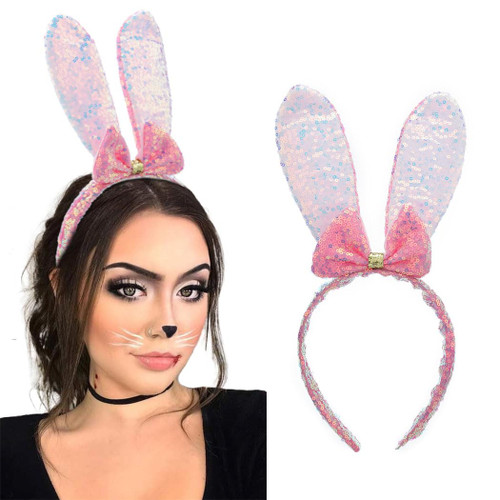 Bowknot Bunny Ears Headband Sequins Rabbit Ears Hair Hoop Glitter Bow Bunny Hairband Cute Costume Headwear for Women and Girls (Pink)