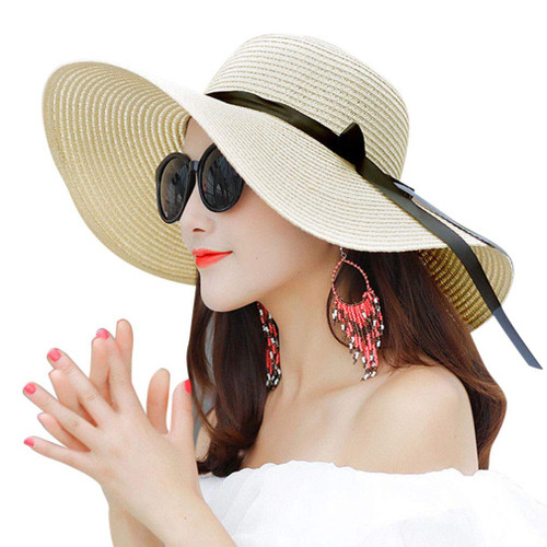 Ladies Summer Sun Hats Women Panama Straw Packable Travel Beach Hats Foldable Wide Brim Floppy Fedora Beige