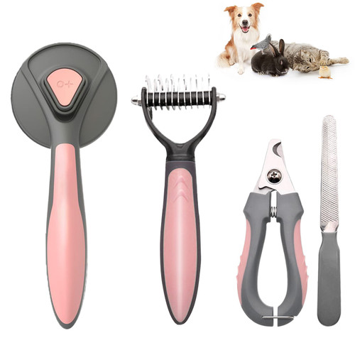 Pet Deshedding Brush Set, Undercoat Rake for Dogs & Cats - Double Sided Brush for Shedding and Dematting Comb Grooming Tool kit - Nail Clippers & Nail File Kit (4Pack) Pink
