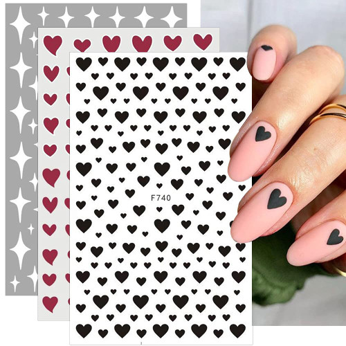 6 Sheets Heart Star Nail Stickers 3D Black White Heart Love Stars Nail Decals Self Adhesive Nail Art Stickers DIY Nail Design Nail Art Decoration
