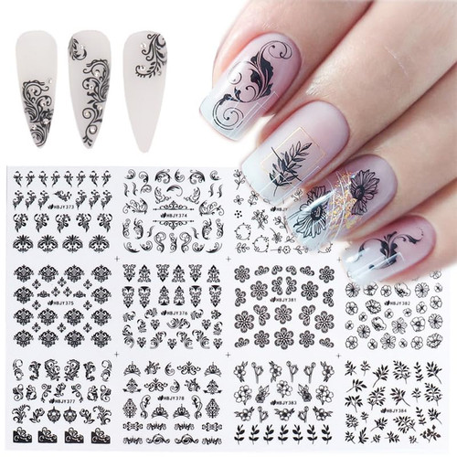 Flower Nail Art Stickers 3D Self-Adhesive Black Floral Vine Leaf Nail Decals Retro Hollow Nail Art Designs Manicure DIY Nail Supplies for Women Acrylic Nails Art Decoration