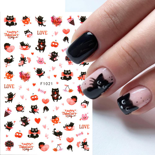 8 Sheets Valentines Nail Stickers Lovely Cat Nail Art Stickers Love Nail Art Designs Supplies Heart Nail Adhesive Decals Valentines Transfer Sliders for Manicure Nail Decorations