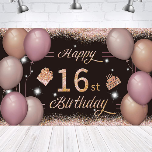 Happy 16st Birthday Backdrop Banner Black Pink 16 Sign Poster 16 Birthday Party Supplies for Anniversary Photo Booth Photography Background Birthday Party Decorations, 72.8 x 43.3 Inch