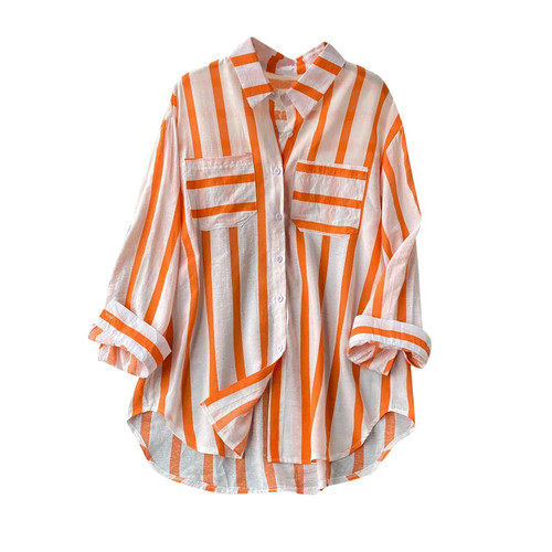 pallets Women's Striped Button Down Shirts Long Sleeve Office Work Boyfriend Oversized Tops Summer Fall Classic Casual Blouse Orange