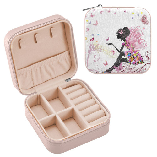 Flower Fairy Butterflies Travel Jewelry Case PU Leather Portable Jewelry Box Jewelry Travel Organizer Small Jewelry Box for Ring Earring Necklace Bracelet Gifts Display Box Holder for Women Girls