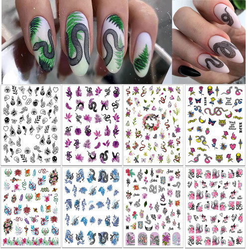 8 Sheets Snake Nail Art Stickers,3D Butterfly Flower Nail Art Decals Colorful Self-Adhesive Floral Leaf Snake Nail Transfer Decals for Women Manicure Art Decorations