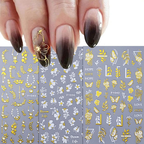 Flower Nail Stickers 8 Sheets Nail Art Stickers Decals Self Adhesive Nail Art Supplies 3D Gold Leaves Daisy Flowers Nail Design Stickers Spring Summer Nail Art Decals for Women Girls DIY Manicure