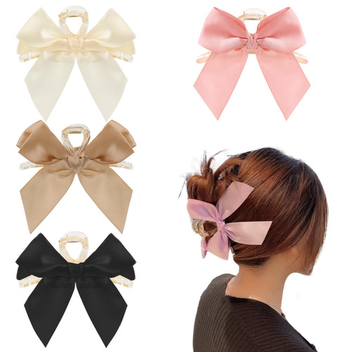 Silky Satin Bow Hair Clips for Women,4pcs Big Bow Bow Claw Clip Large Hair Claws Barrettes Accessories Hair Barrette Nonslip Claw Clip for Thin Thick Curly Hair,Black Beige Pink Khaki