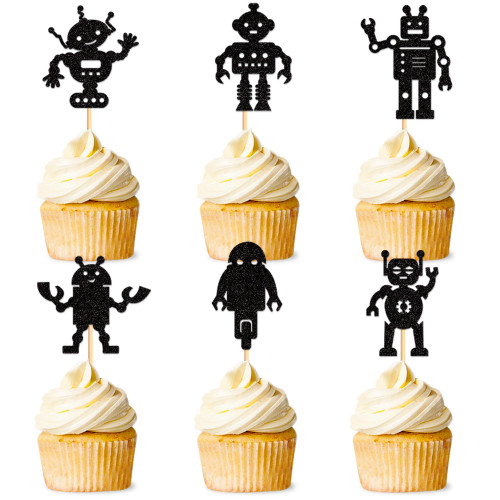 24 Pack Robot Cupcake Toppers Black Cartoon Robot Cupcake Toppers Picks Robot Gear Cake Decorations for Robot Theme Boys Birthday Baby Shower Party Cake Decoration Supplies
