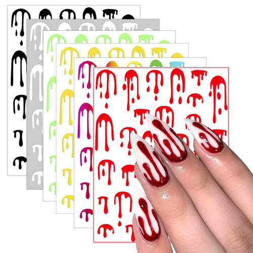 6 Sheets Bloody Nail Art Stickers Halloween Nail Decals 3D Self-Adhesive Nail Art Supplies Horror Blood Droplet Nail Designs Stickers Fluorescence Nail Stickers for Halloween Party Decoration