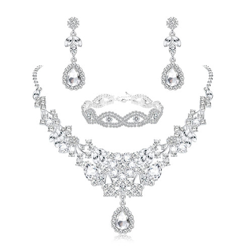 Rhinestone Jewelry Sets for Women Shiny Crystal Bridal Bridesmaid Jewelry Necklace Earrings Bracelet Set for Wedding Dress Evening Party Prom