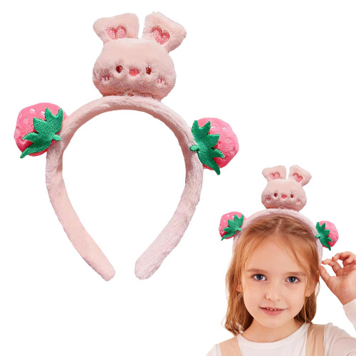 Bunny Head Headband - Strawberry Bunny Ears Headband - Rabbit Ears Headband - Strawberry Rabbit Plush Headband Bunny Hair Bands Plush Funny Headband - Hair Accessories for Women and Girls (Pink)