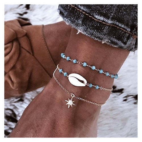 Bohemian Layered Blue Bead Anklet for Women Cowrie Shell Ankle Bracelets Crystal Northstar Anklets Seashell Anklets Chain Bracelet Multilayer Summer Beach Foot Ankle Chain Jewelry for Girls Gifts