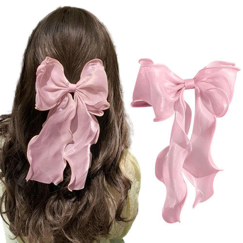 Hair Bow for Women Girls Silk Hair Bow Clip Pink Ribbon Bows Big Bow Hair Clips Solid Color Chiffon French Barrette Super Fairy Silk Hair Accessory for Women Girls