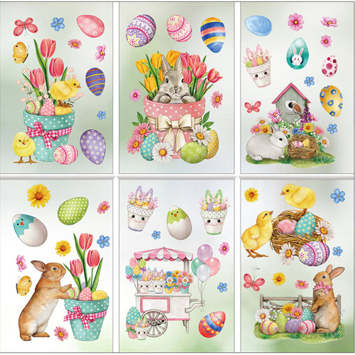 9 Sheets Easter Window Clings Cute Easter Eggs Basket Bunny Chick Gel Window Wall Stickers,Double Sided Window Clings for Glass Windows Spring Decor Easter Home Office Party Decorations