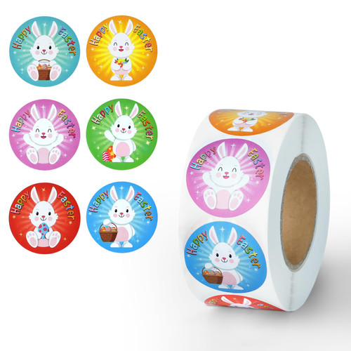 500PCS Easter Stickers for Kids, 1 inch Bunny Rabbit Stickers, Self Adhesive Happy Easter Stickers with 6 Styles for Card Scrapbooking Envelope Seals Easter Party Supplies, Gift Decorations