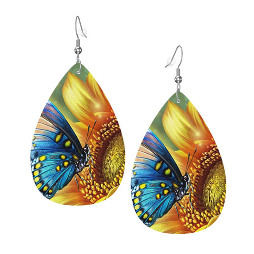 Sunflower And Butterfly Faux Leather Earrings, Teardrop Dangle Earrings, Lightweight Dangle For Women Girls
