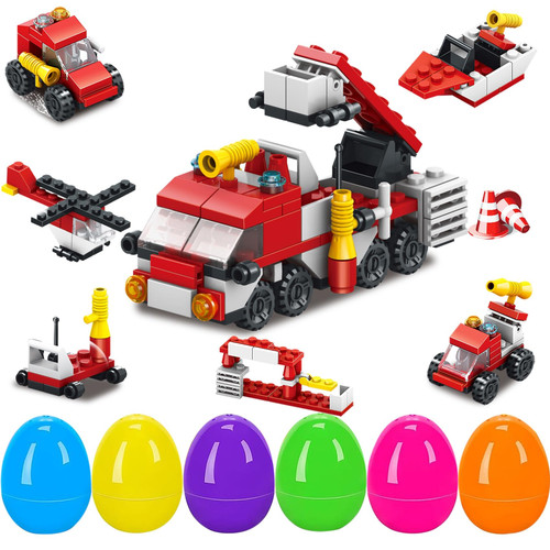 Easter Basket Stuffers, Fire Rescue Vehicles Building Block with 6 Characters,6 in 1 Car Building Kit Easter Eggs Easter Baskets for Kids