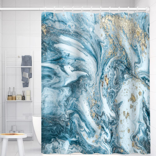 Teal Marble Bathroom Shower Curtain Abstract Texture Gold Sand Bath Curtain with Hooks Waterproof Polyester Fabric Shower Curtains for Modern Luxury Artistic Bath Decorative, 48x72 Inch