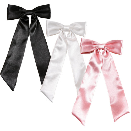 3pcs Long Tail Bow Hair Clips for Women, Silky Satin Hair Ribbon Bows Bowknot Barrettes Clip Big Bows for Women Girls Cute Hair Accessories (Black White Pink)