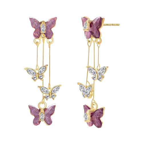 Purple Butterfly Tassel Style Zircon Earrings Long Butterfly Dangle Earrings for Women Girl Gold Crystal Rhinestone Drop Stud Earrings Fairy Earrings Jewelry Gift
