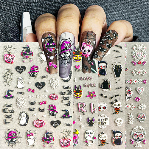 5D Embossed Halloween Nail Stickers for Nail Art Supplies, Self-Adhesive Nail Art Stickers with Cute Ghost Pumpkin Skull Spider Web Designs Decals Nail Accessories Decorations DIY for Women Girls Kids