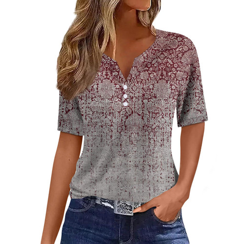 Plus Size Tops for Women Summer Casual Loose Y2K Fit Tee Shirts Vacation Vintage Print Button V Neck Short Sleeve T Shirts Golds XXL Short Sleeve Blouses Dressy Casual Shirts for Plus Size Women