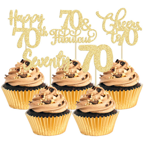 30 Pack Happy 70th Birthday Cupcake Toppers Gold Glitter Seventy Cheers to 70 Years Old Birthday Cupcake Picks for 70th Birthday Anniversary Party Cake Decorations Supplies