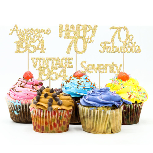 30Pcs Gold Glitter 70th Birthday Cupcake Toppers Vintage 1954 Hello 70 Cake Topper Seventy 70 & Fabulous Cupcake Picks 70th Birthday Cake Decorations Supplies