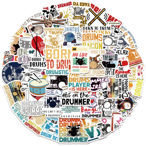 50Pcs Drum Set Stickers, Waterproof Vinyl Drummer Sticker Decal for Water Bottle, Laptop, Skateboard, Scrapbooking, Guitar, Car, Luggage