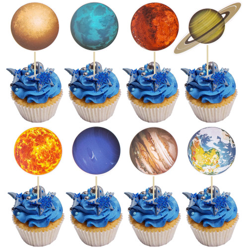 40Pcs Outer Space Cupcake Toppers Planet Rocket Spaceship Trip to the Moon Star Cupcake Picks Solar System Galaxy Universe Planets Birthday Cupcake Decorations Party Supplies