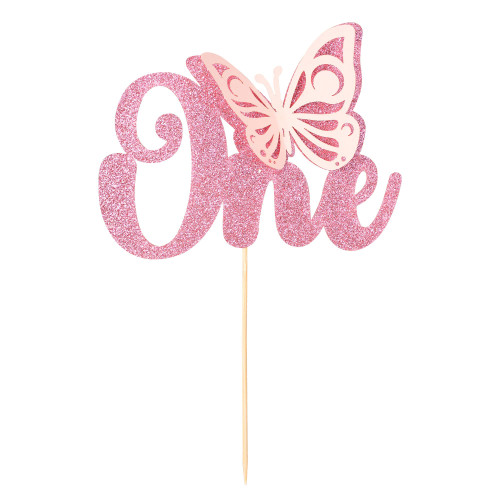 1Pcs Butterfly One Cake Topper Pink Glitter Baby Shower Butterfly 1st Birthday Cake Pick Decorations for Butterfly Theme Baby Shower Kids 1st Birthday Party Supplies