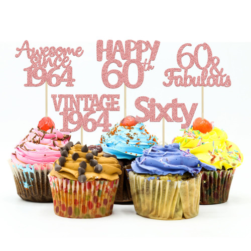 30Pcs Rose Gold Vintage 1964 Cupcake Toppers Number 60 Cheers to 60 Fabulous Sixty Cupcake Picks 60th Birthday Wedding Anniversary Party Cake Decorations Supplies