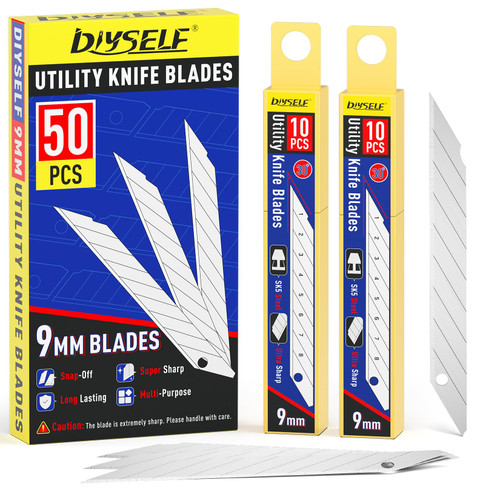Utility Knife Blades, 50 Pack Box Cutter Blades, Box Cutter Blades Refills for 9mm Snap Blade Utility Knife, High Carbon Steel Blades for Box Cutters, 9mm Snap off Blades 30 Degrees