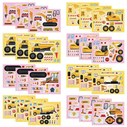 Construction Themed Make-a-face Sticker, Make A Construction Stickers for Kids Boys, Make Your Own Excavator Compactor Engineering Vehicle Sticker for Party Favor, 8 Designs 24 Sheets