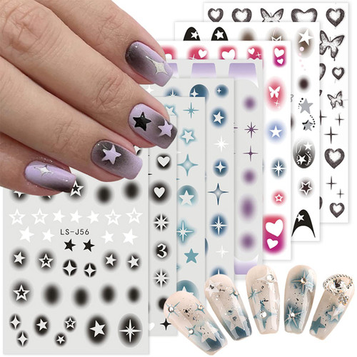 8 Sheets Star Nail Stickers 3D Self-Adhesive Colorful Heart Nail Art Stickers Smudged Star Heart Number Nail Decals Design Nail Art Supplies for Women Girls Acrylic Nail DIY Manicure Decorations